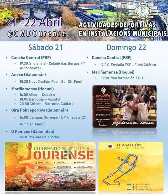 Programa de actividades para o fin de semana: - Sábado: En Oira (16:00) Campus Ourense xógase parte das opcións para acadar o ascenso directo a 1ª autonómica de balonmán - Sábado: As 19:30 en Os Remedios derbi de fútbol sala femenino de liga autonómica e… ift.tt/2HkapBj