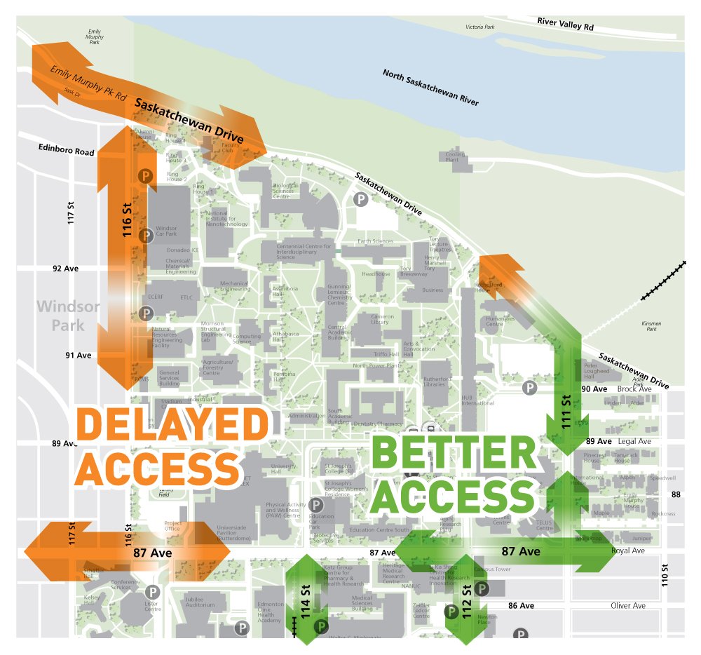 UAlberta's tweet photo. Notice: Groat Bridge construction begins Monday at 9AM. Expect delays. https://t.co/vs2Nv41Rnt #UAlberta https://t.co/4YW7taxyj1