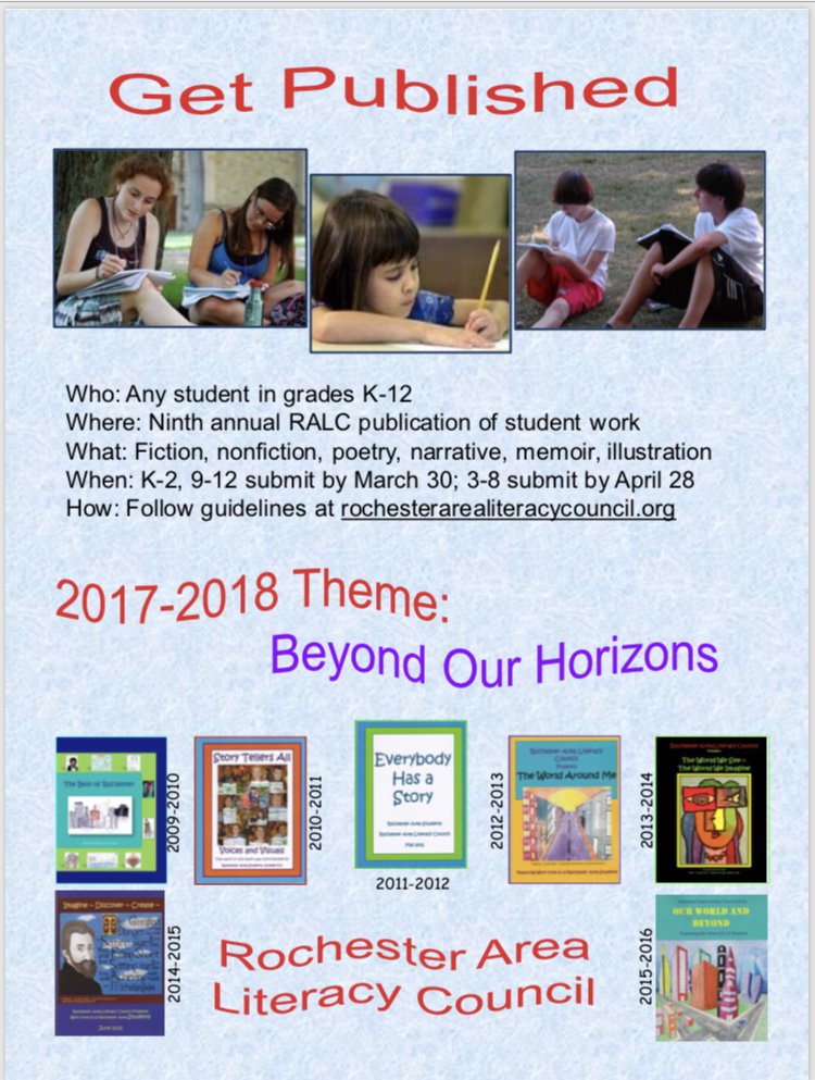 RALCliteracy's tweet photo. All 3-12 students have one more week to polish a piece of writing and submit it to our publishing project! Be sure to check out submission info here: https://t.co/OjQB9O1W6B #writing #studentwriters #publishingproject https://t.co/Ff6OitxFRm