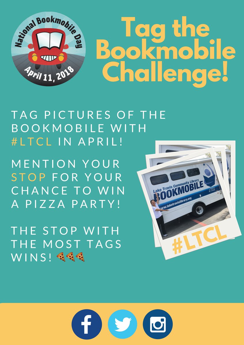 LakeTravisLib's tweet photo. Don’t forget! Tag pictures of the bookmobile for a chance to win a pizza party! #LTCL #bookmobileday2018 https://t.co/x9u8G40dkM