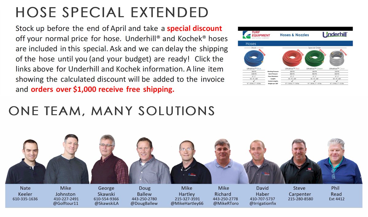 MikeHartley66's tweet photo. Special discount ends this month. For Kochek: https://t.co/5uSz4atdyc  For Underhill: https://t.co/pO0Ab3f06E Questions, or to place an order: GolfIrrigationSales@Turf-equipment.com or call us at 800-827-3711. https://t.co/N5i0jC3C3x