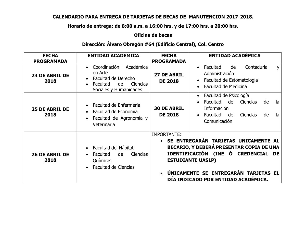 PUaslp's tweet photo. ALUMNOS BECADOS DE MANUTENCIÓN UASLP 2017-2018 LES DEJAMOS  LA PROGRAMACIÓN PARA QUE ACUDAN POR SU TARJETA https://t.co/1uLLeeXX8e