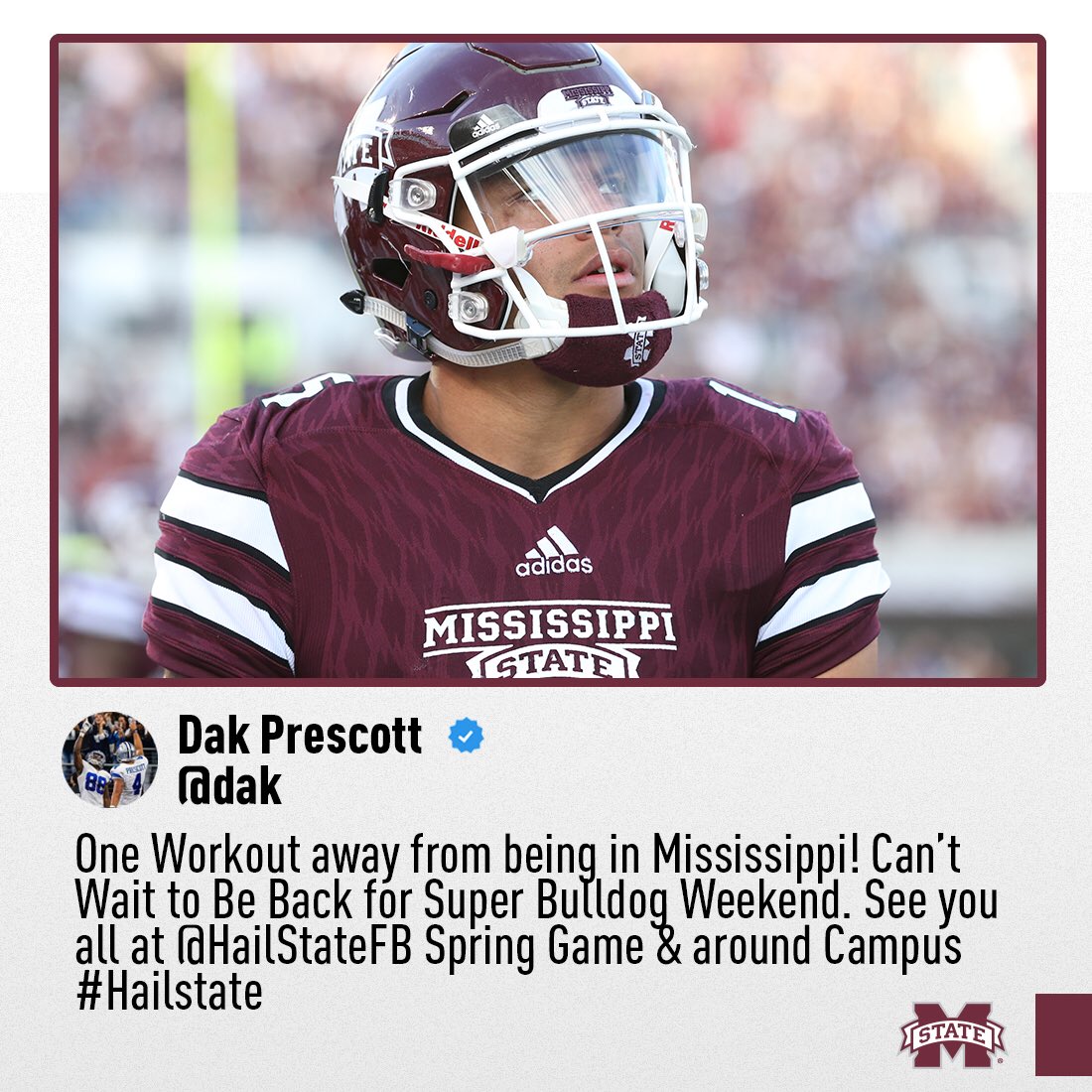 HailStateFB's tweet photo. “At Mississippi State, we don’t have fans, we have FAMILY.”  -@dak 

Welcome Home. 

#HailState🐶 #SBW18 https://t.co/W1koziu0S9
