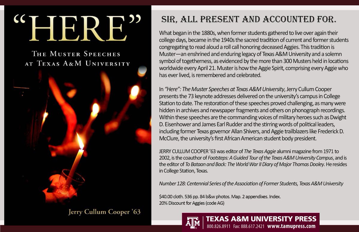 TAMUPress's tweet photo. Meet Jerry Cullum Cooper '63 at the @TAMUBookstore inside the @TAMUMSC today (and tomorrow) starting at 10 am. Learn more about how he collected the 73 keynote Muster speeches that have been delivered here on campus. #muster #muster2018 #aggies #tamu #traditions @tamu https://t.co/OWfDs1I2tM