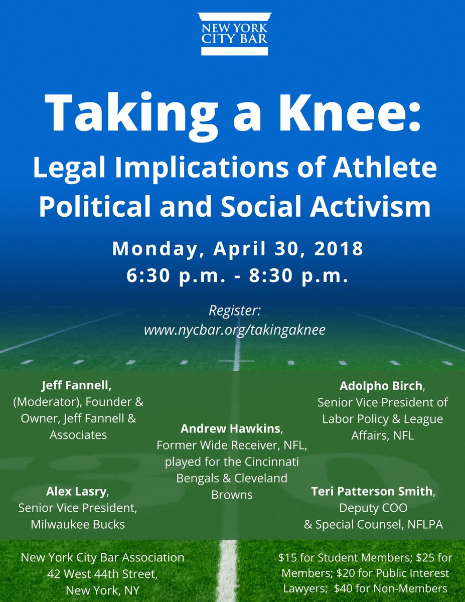 NYCBarAssn's tweet photo. Should professional athletes use their public profiles as a platform for #socialjustice issues &amp; reform? Explore the recent controversy in #TakeAKnee with former @NFL player @Hawk, @NFLPA experts, @AlexanderLasry &amp; others. Join us on April 30: https://t.co/CFjcKRmiIA https://t.co/5Dxjml4mwd