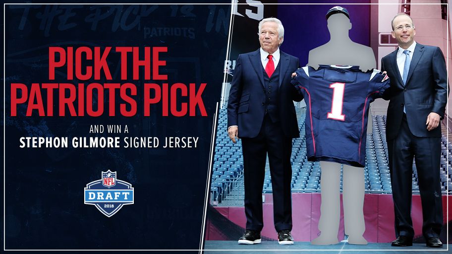 Patriots's tweet photo. One day closer to #PatsDraft! 

Predict the #Patriots first pick &amp; you could win a signed @BumpNrunGilm0re jersey: https://t.co/SyTgOSVxIM https://t.co/fW03iMdNEM