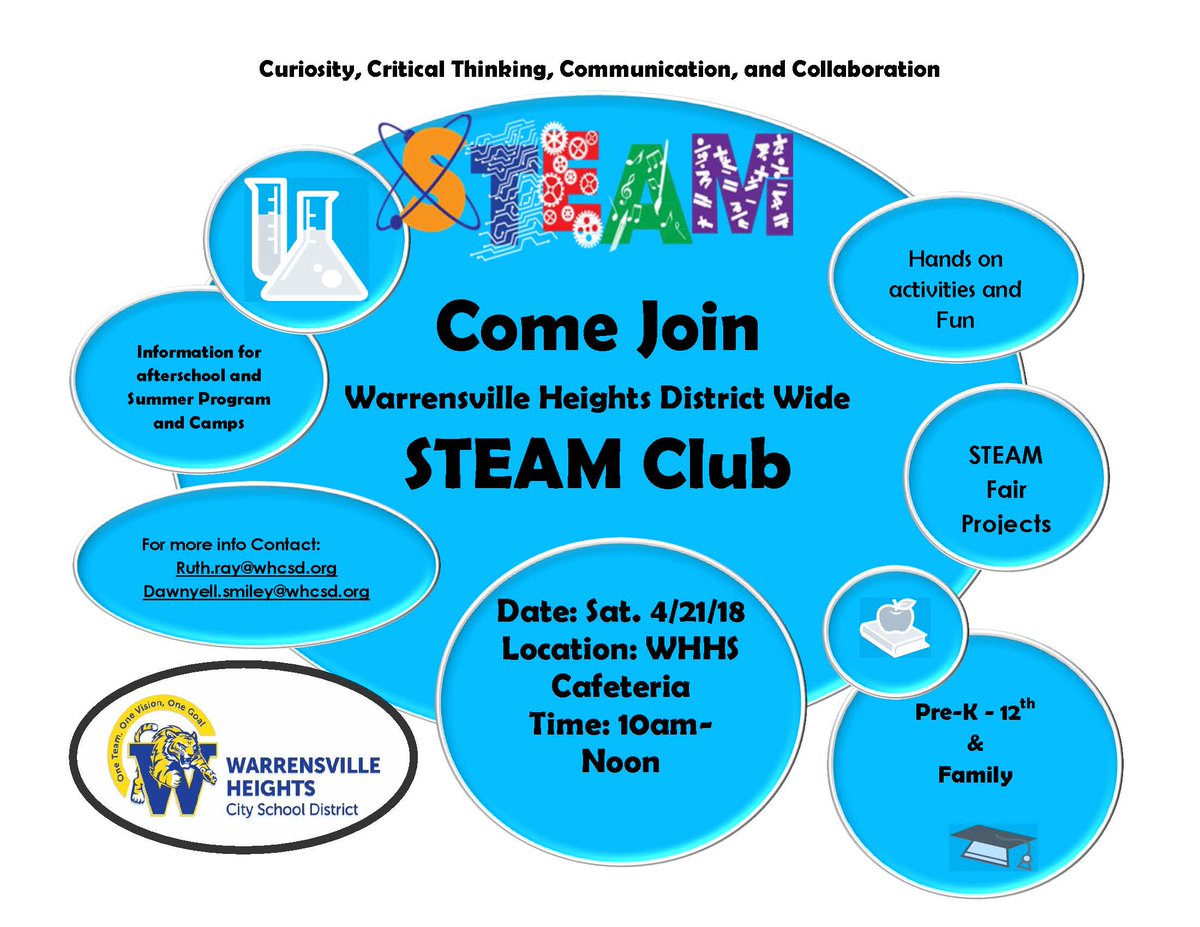 whcs_tigers's tweet image. Sign up for STEAM Club.  Next meeting is Saturday, April 21 from 10 a.m. to noon at WHHS cafeteria.  For scholars grades pre-K through 12.  Lots of hands-on activities and fun!