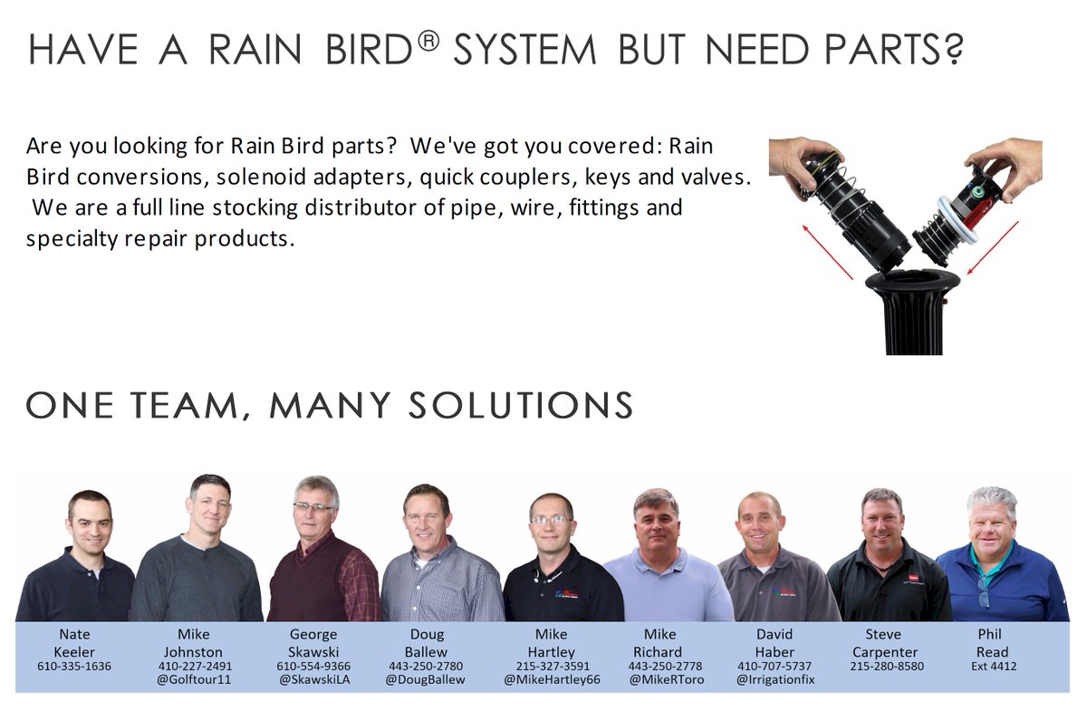 MikeHartley66's tweet photo. We are a Toro full line stocking distributor and have many replacement parts for Rain Bird Systems, such as conversions, solenoid adapters and quick coupler valves and keys. For a quote or order: GolfIrrigationSales@Turf-equipment.com or call us at 800-827-3711.  @TurfEquipSupply https://t.co/pzPGb6VNfi