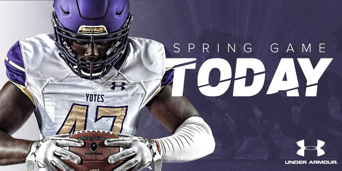 YoteAthletics's tweet photo. @YotesFootball Spring Game Day - Offense (Purple) vs. Defense (White) - 6 p.m. at Simplot Stadium https://t.co/OxDOBu4mkW