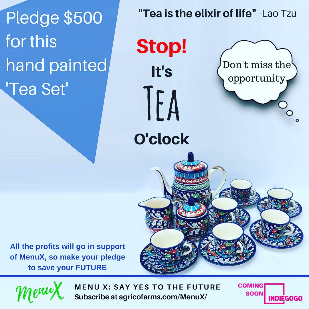 This eye catching tea set can be yours. Pledge on our campaign for this piece of art and in return you are saving the future of the world. Support our campaign on #indiegogo #startup

Subscribe at agricofarms.com/menux/ 

MenuX:say yes to the FUTURE