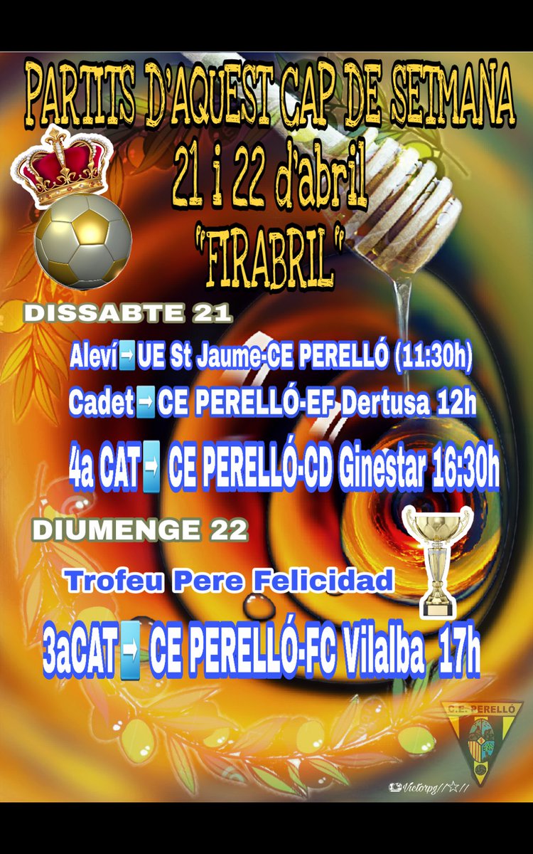 CE_PERELLO's tweet photo. ℹ🔊Partits de futbol d'aquest cap de setmana 21 i 22 d'abril⚽️ #firabril del Perelló #ceperello #firabrildelPerelló💛🖤💛🖤 https://t.co/GDuTL77my5