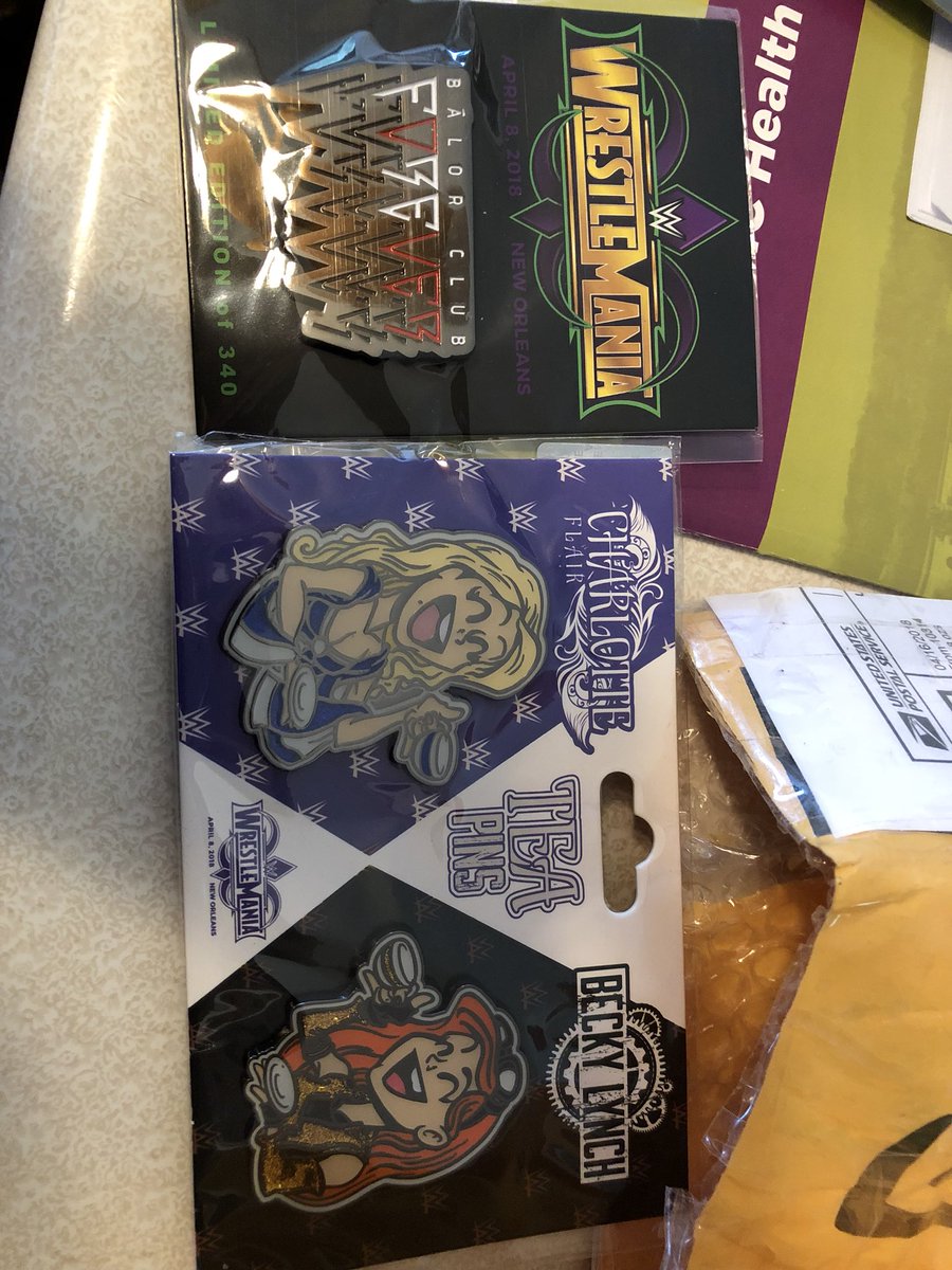 amanda_books17's tweet photo. Received these beauties in the mail today! Thank you so much to @kimberlasskick for picking these up for me❤️ @MsCharlotteWWE and @BeckyLynchWWE these are definitely my favorite! ☕️ #TeaPins https://t.co/4dFf65ooLg