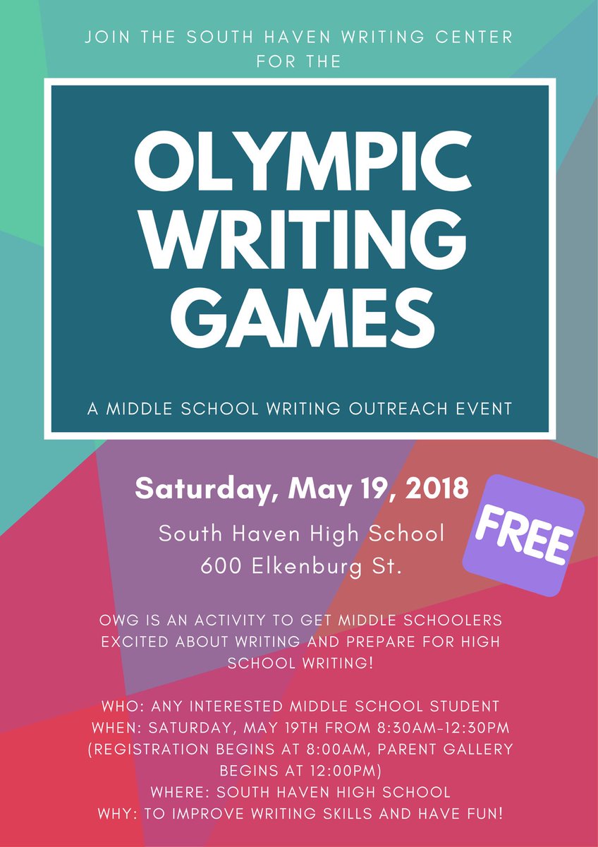 SoHaWC's tweet photo. Do you have a middle school student? Would you like to help them be successful in writing +foster love for it? Get your middle schooler signed up for the FREE middle school writing event- the Olympic Writing Games! Head to the website for info https://t.co/9wtBNx8c7O https://t.co/lOJxn2nWWG