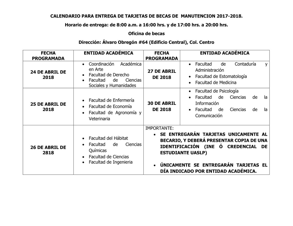 PUaslp's tweet photo. ALUMNOS UASLP MANUTENCIÓN 17-18 PROGRAMACIÓN ENTREGA DE TARJETAS DE ACUERDO AL CALENDARIO ADJUNTO https://t.co/YGWLSh31If