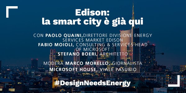 EdisonNews's tweet photo. Tra poco affronteremo il tema della #SmartCity con Paolo Quaini, @fabiomoioli e @StefanoBoeri. Modera @MarMorello. #icondesigntalks #DesignNeedsEnergy #idd2018 #milanodesignweek #MilanoDesignWeek2018 #MDW2018 #FuoriSalone2018 https://t.co/6XGqXNsR31