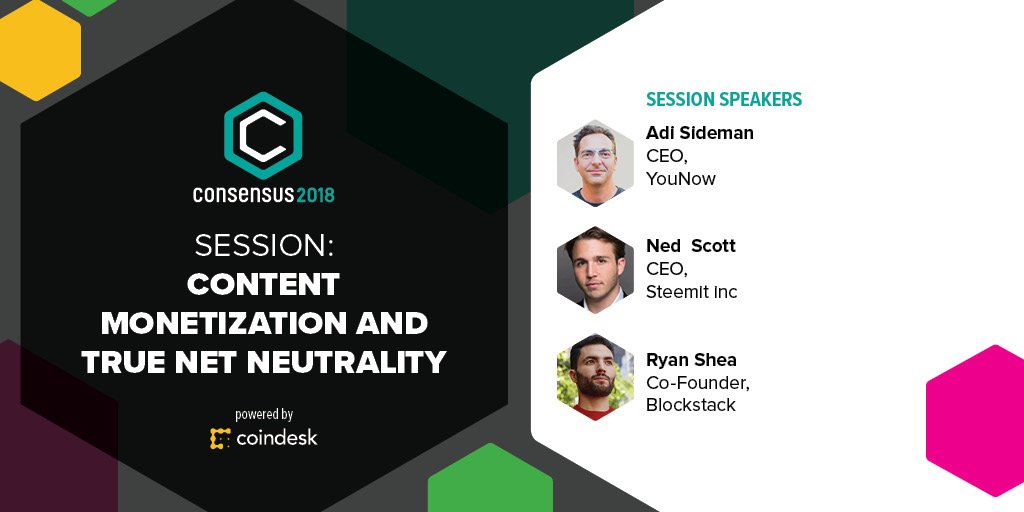 CoinDesk's tweet photo. Adi Sideman, CEO of @YouNow, @certainassets, CEO of @SteemIt and @RyanShea, co-founder of @blockstack will discuss this and more at Consensus 2018. Register now. https://t.co/OIX0MBxAH7 https://t.co/IXlvFMfSQJ