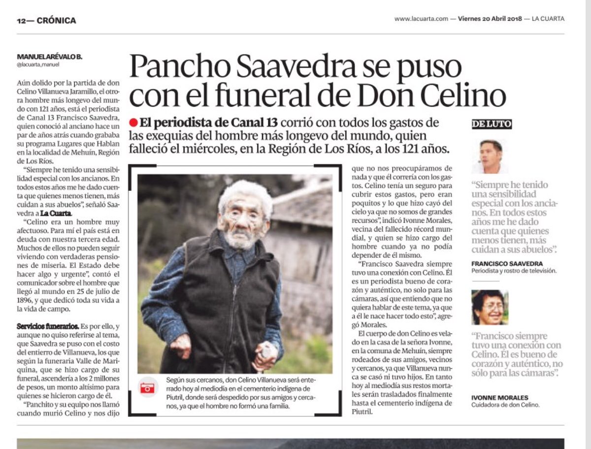 #DonCelino mencionado en todos lados y por todos... pero solo uno @PANCHOSAAVEDRA se hizo cargo del descanso digno para un abuelito especial #GraciasPancho tremendo ❤️  edition.pagesuite.com/html5/reader/p…