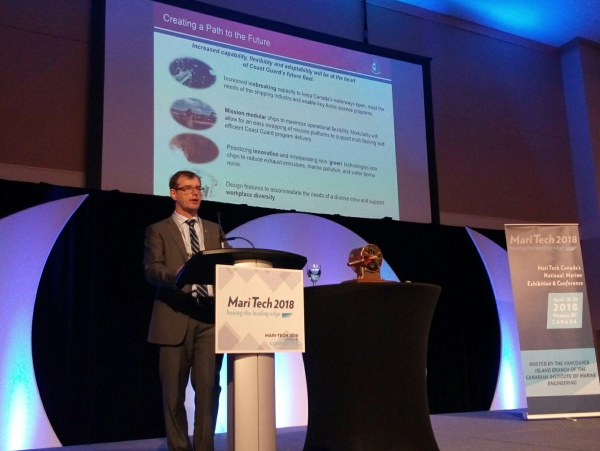 MT18_Victoria's tweet photo. .@CCG_GCC's Robb Wight presenting Canadian Coast Guard fleet development plans at #MariTech2018 Day Three Keynote address https://t.co/jn0dQq1zzX