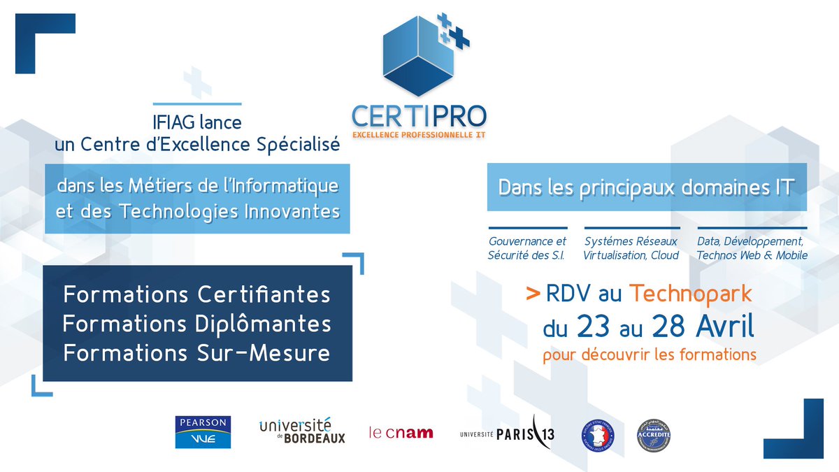 Technopark's tweet photo. Rendez-vous au Technopark de Casablanca du 23 au 28 avril prochain pour découvrir les formations proposées par IFIAG : Vocational School dans les principaux domaines IT
#IFIAG #CERTIPRO https://t.co/bguPtx0rV8