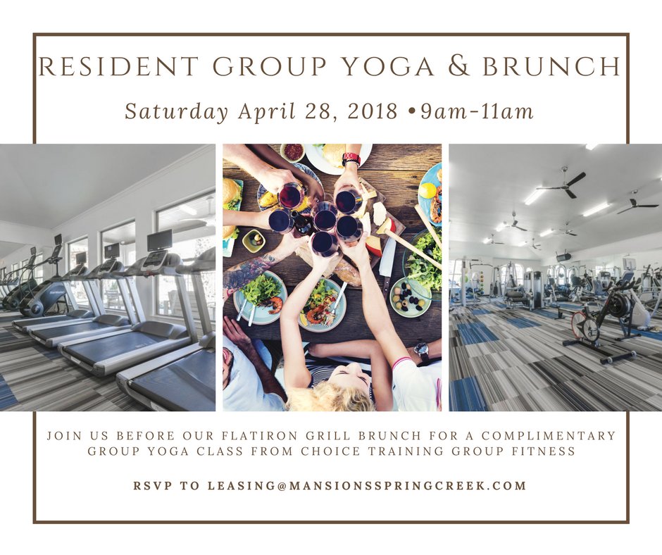 Resident Brunch and Yoga...Join Us on Saturday, April 28th from 9 am to 11 am. #mansionsspringcreek #livew3 #lovew3