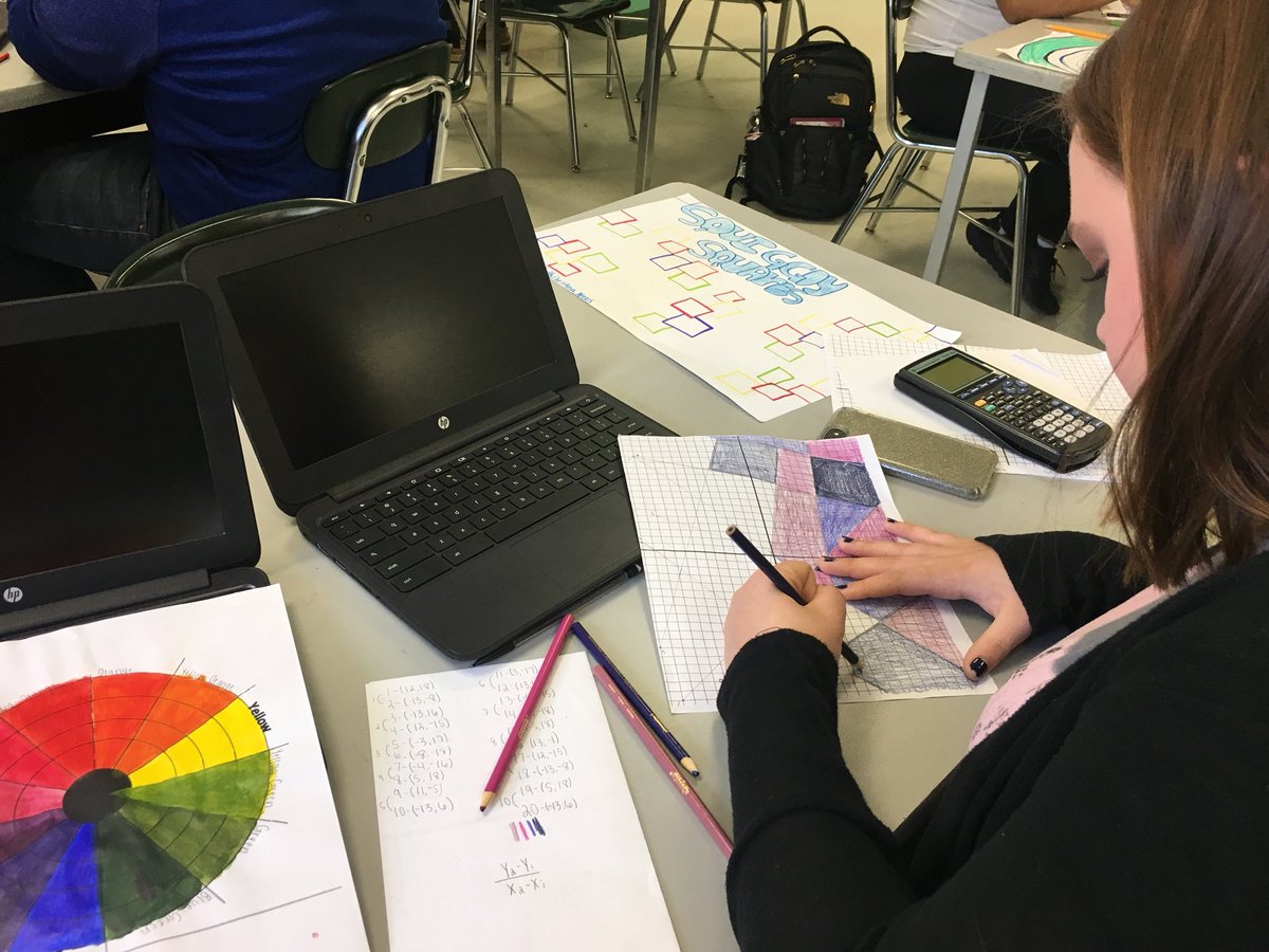ECrewsArt's tweet photo. Day 5 -full of math equations and  art decisions!Great to see students taking ownership of their projects! #pbl #mathandart @KellyBradTeach https://t.co/WsutNUcIGQ