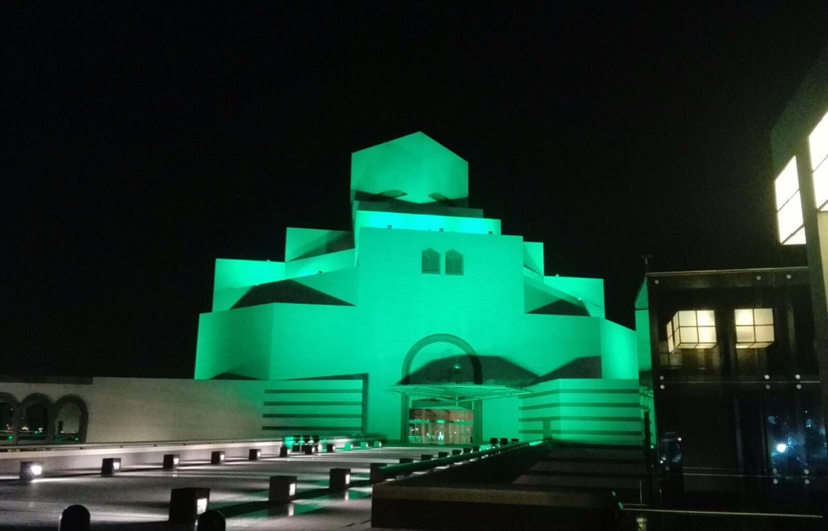 QAFAM1's tweet photo. On the occasion of#QatarFamilyDay , #Qafam turned #miaqatar and the #National #theatre into #green #lighting #mood https://t.co/Ag8TIaBgjS