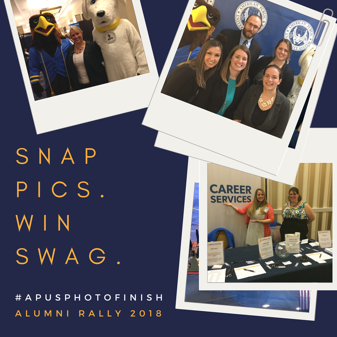 careertipsnow's tweet photo. Winning great swag has never been easier. We’re talking backpacks, beach towels, scarves, mugs, pop sockets and more won by the snap of a picture. Come see us at this year’s Alumni Rally to participate in our Instagram Challenge, #APUSPhotoFinish! Stay tuned for more info! https://t.co/uUKKlTtcxw