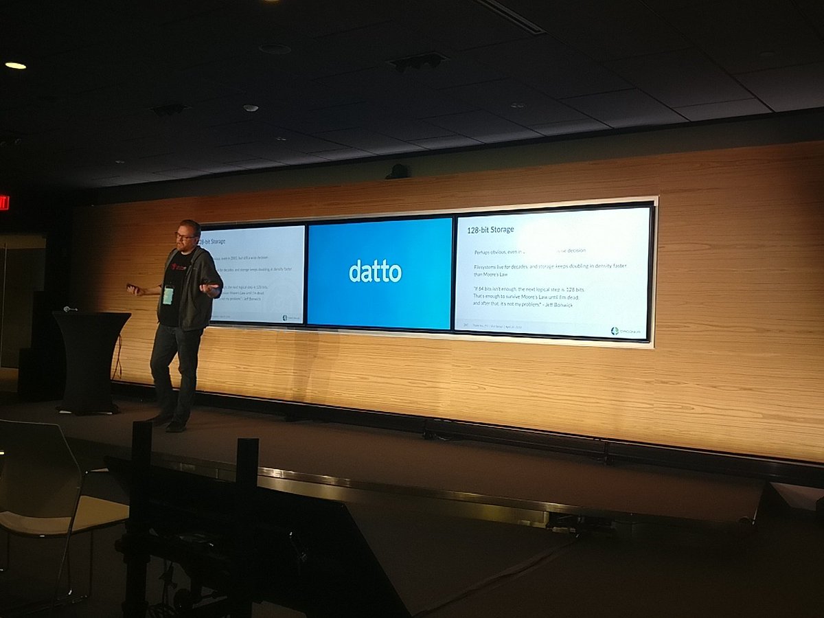 DrBillSpeirs's tweet image. Eric from @circonus giving his ZFS talk at @datto. Thanks again @circonus for sponsoring the 2018 ZFS User Conference! #zfs #zfsonlinux