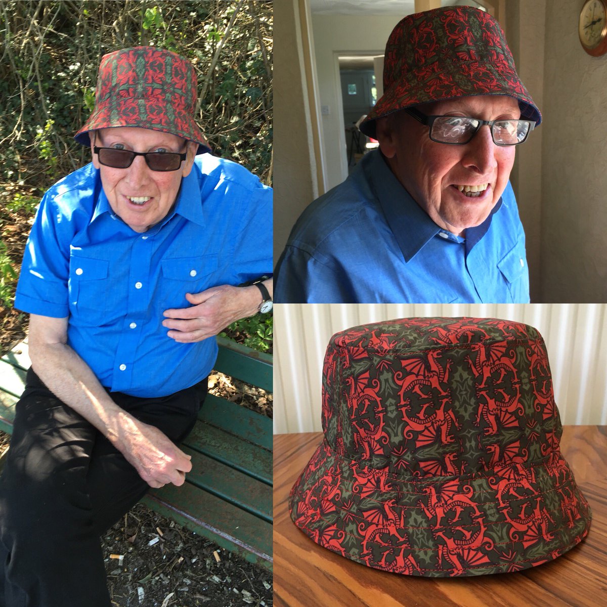 StanandGwyn's tweet photo. A Stan&Gwyn hat for my welsh dad. Print designed by yours truly. Doesn’t he look lovely! ❤️🏴 #supermodel #proudtobewelsh #wales #welsh #welshdragon #customorder #hat #welshhat #menshats #printdesign #independantdesigner #etsylove #red #cymru #mensfashion https://t.co/JwLsU9OS1W