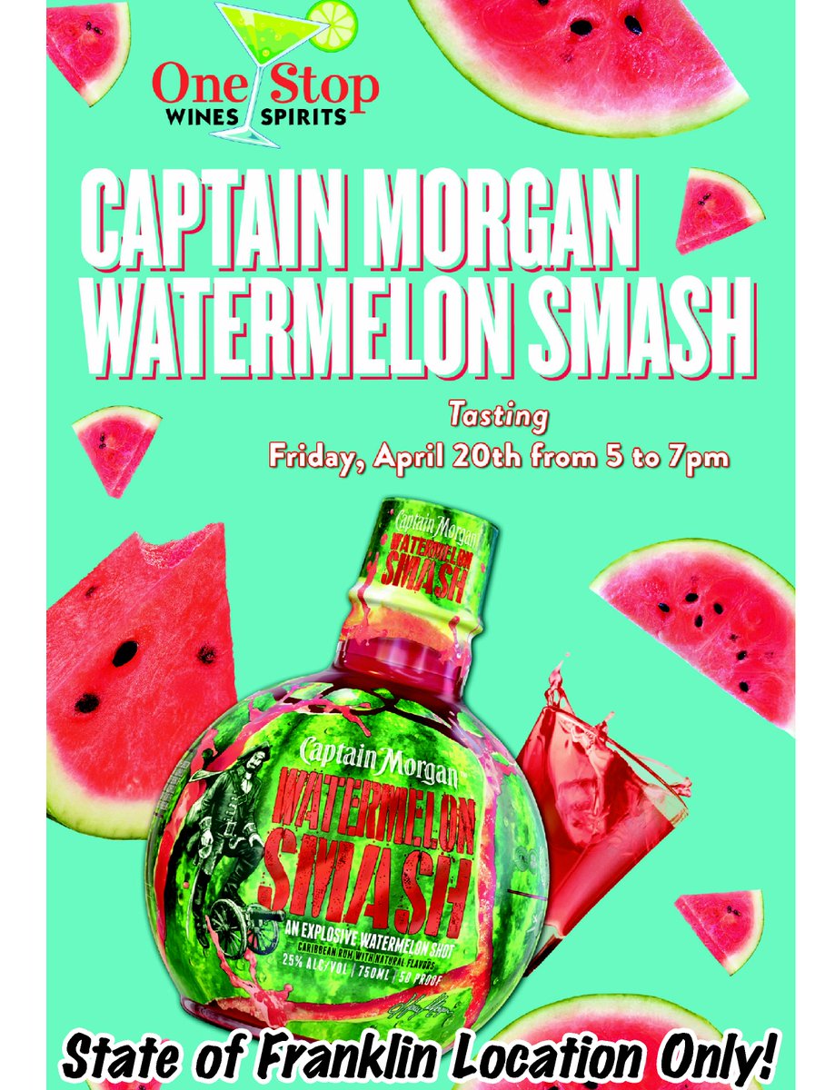 OneStop_JC's tweet photo. Captain Morgan Watermelon Smash Tasting Tonight April 20th from 5 pm - 7pm State of Franklin Location! https://t.co/5aHcxnu5fD