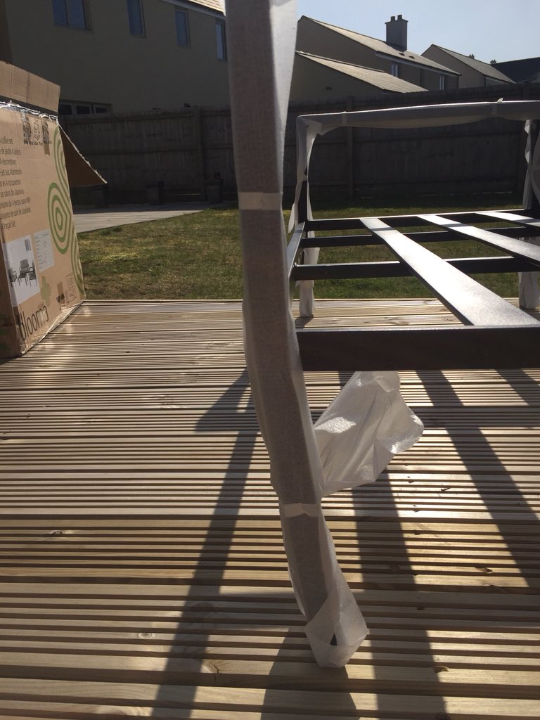 lokp85's tweet photo. @BandQ Just opened a box of new B&amp;Q garden furniture and two of the four piece set is damaged. Guess we’ll be sitting on the grass for our bbq @luke659 😞 https://t.co/trp94qWGgF