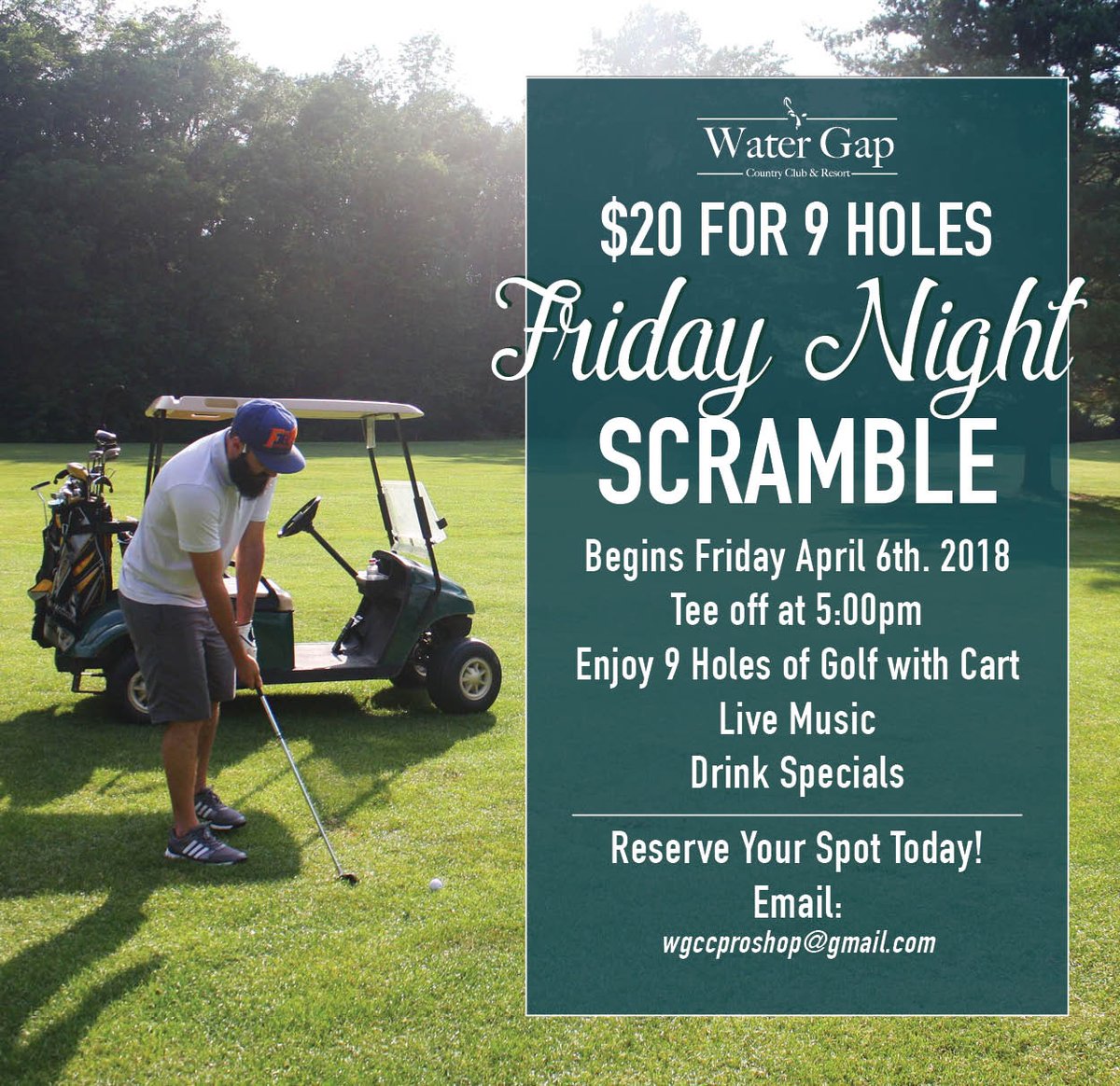 water_gap's tweet photo. We'll see you tonight for Friday Night Scramble! We apologize for any confusion about the starting times. Friday &amp; Wednesday #scramble will tee off at 5pm until May. From May 4th onward, both Friday &amp; Wednesday scrambles will tee off at 5:30pm #Golf #WaterGap #TGIF https://t.co/8wkQ7yhDKf