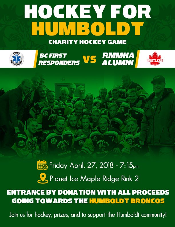 Andyhenderson29's tweet photo. With the help of @RustlersHockey and @darsommerfeld we present "Hockey for Humboldt". We want as many people there as possible to show support. Please spread the word! You can contact myself or Darian if you have questions. Huge shoutout to @JTLazare for designing the poster!! https://t.co/EA8vtYN7FO