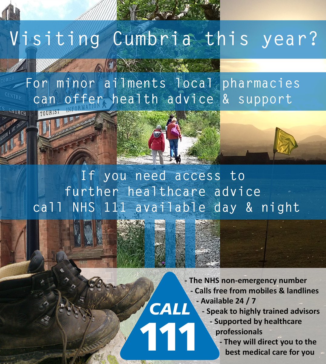 NHSNorthCumbria's tweet photo. Visiting #Cumbria ?

For minor ailments local pharmacies can offer health advice and support.

If you need access to further healthcare advice call NHS 111 available day &amp; night. https://t.co/gHhisl8dXA