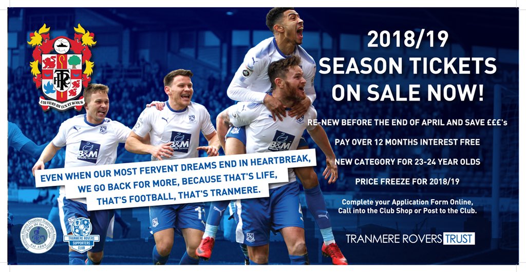 Tranmere_Trust's tweet photo. 1725 sales fantastic support from our loyal fans over 125 sold today alone, 275 to hit 2000 target by Sunday night. 10 days to go to deadline and chance to pay int free over 12 months #swa #trfc #tranmere #birkenhead #seasontickets18/19 #loyalry #we’llbeback #backtheclub https://t.co/ECNANTl80Y