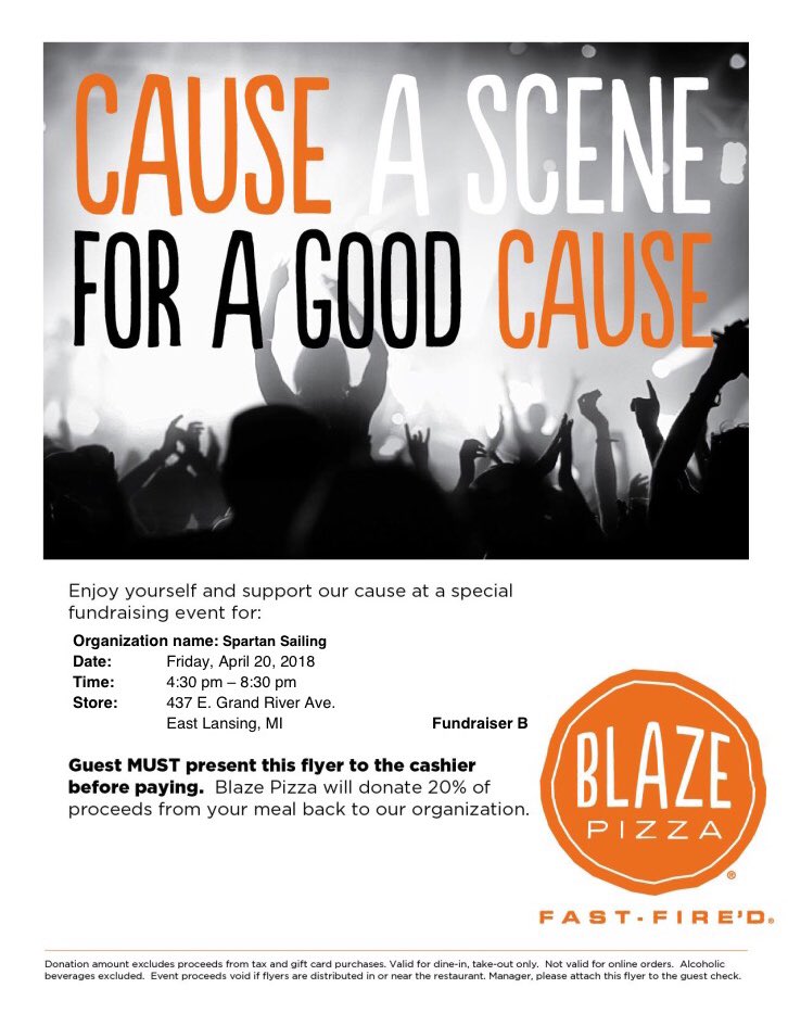 SpartanSailing's tweet photo. Happy 4/20! The day of the Spartan Sailors fundraising event @BlazePizza! Show this flyer when you check out between 4:30 and 8:30 to help out our team! https://t.co/gXuJvFOueU