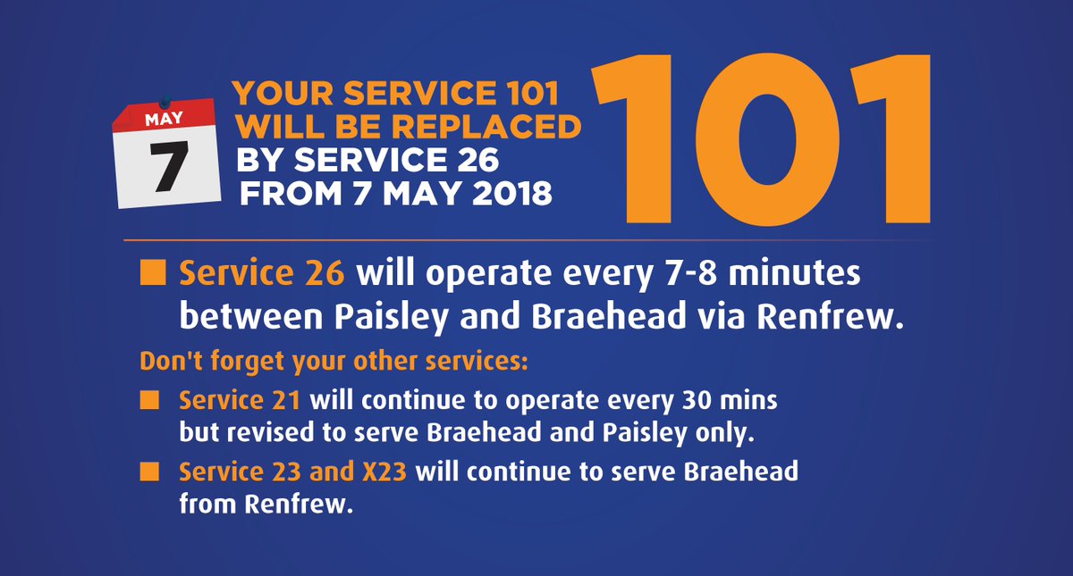 mcgillswest's tweet image. McGill's service 101 will be replaced, by revised service 26, from Monday 7 May! Service 26 will operate a 7/8 minute frequency between Nethercraigs, Paisley, Renfrew and Intu Braehead from this date! #servicechange #stillfrequent