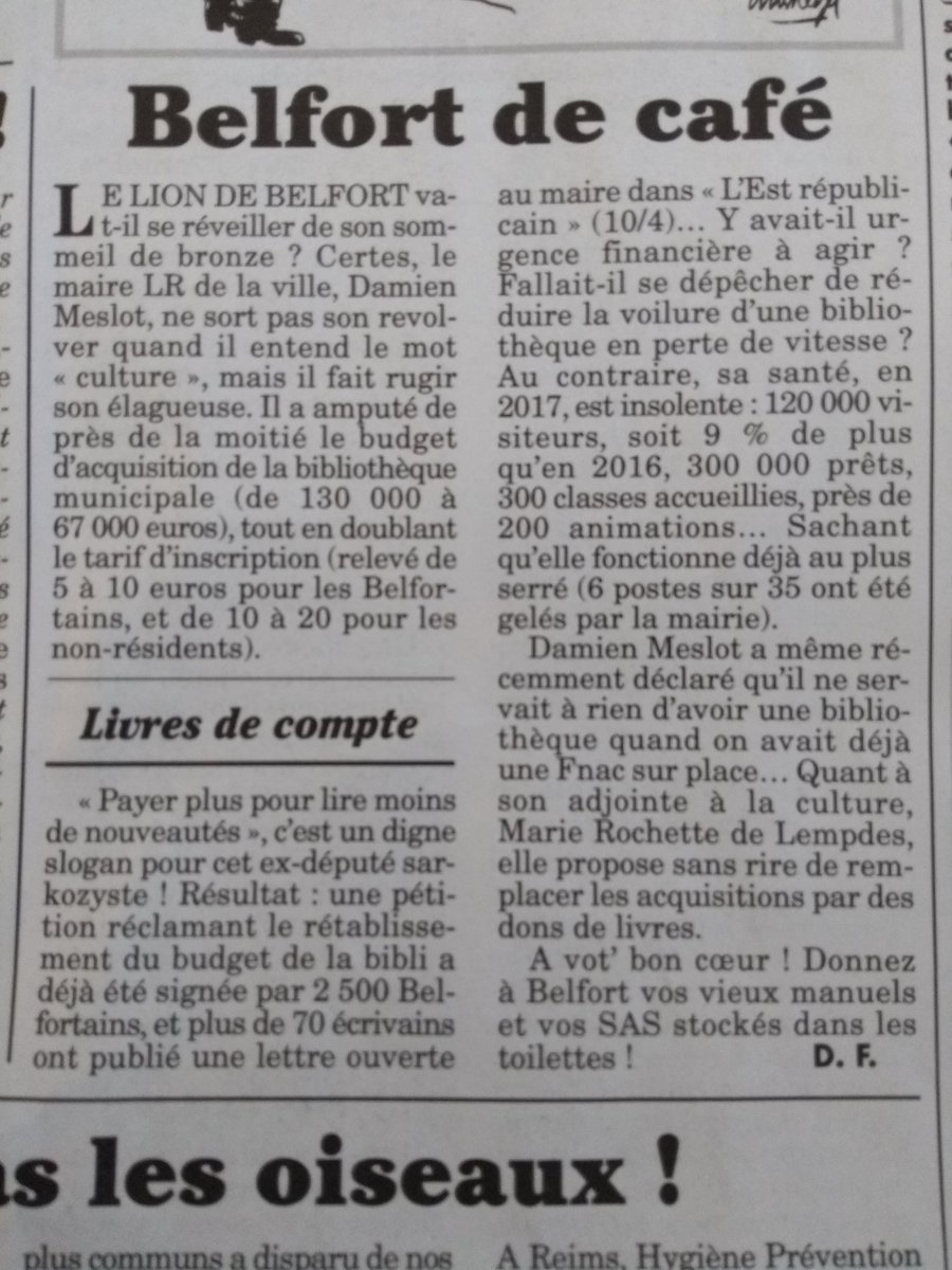 Le maire LR de #Belfort n'aime pas la culture. #bibliothèque <a href="/canardenchaine/">Le Canard enchaîné</a>