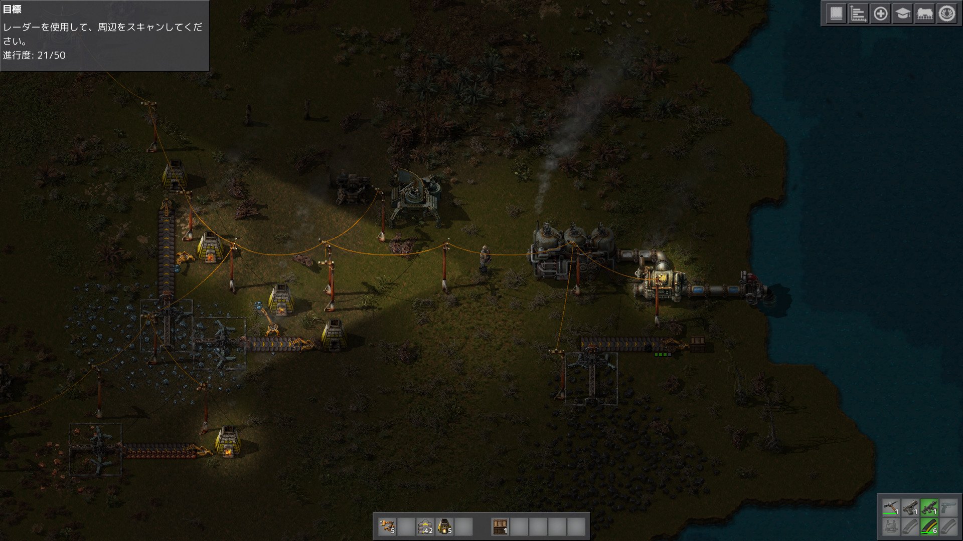 Disco Factorio チュートリアルの最後をプレイ 吸水機を水辺に配置し 水を自動で汲ませ その水で蒸気 を発生させ その蒸気を蒸気機関に送り電気を発生させる その電気を電柱を配置して供給し 採掘機により素材収集を自動化 Pvでは電車も走っていた