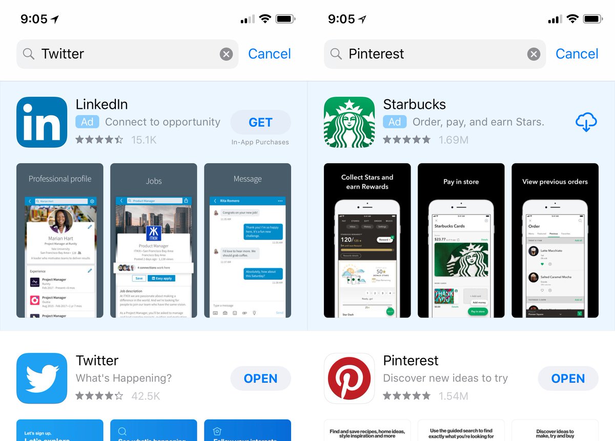 Screenshot of Apple Store searches for major apps (Instagram, Facebook) where the top results are totally different apps.