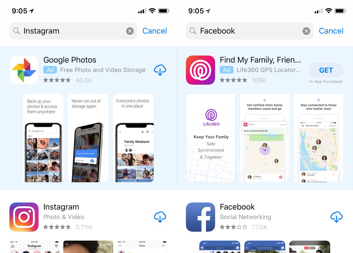 Screenshot of Apple Store searches for major apps (Instagram, Facebook) where the top results are totally different apps.