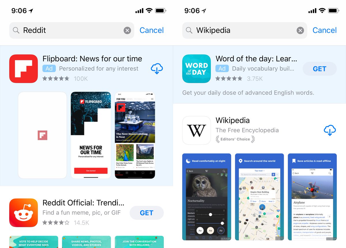 Screenshot of Apple Store searches for major apps (Instagram, Facebook) where the top results are totally different apps.