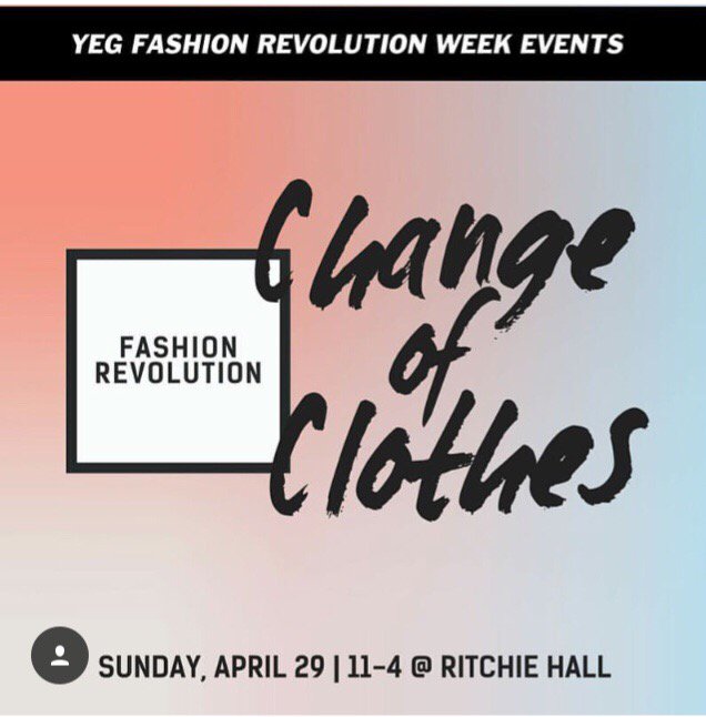 Last event of #YEG's #FashionRevolutionWeek! Join us at 11am for a panel discussion. 12-4pm, you'll have the chance to extend the life of your wardrobe by swapping, mending, upcycling, and donating your clothes to <a href="/BissellCentre/">Bissell Centre | #YEG</a> &amp; <a href="/SuitYourselfYEG/">Suit Yourself</a> Tix -->  bit.ly/2HMnbJG