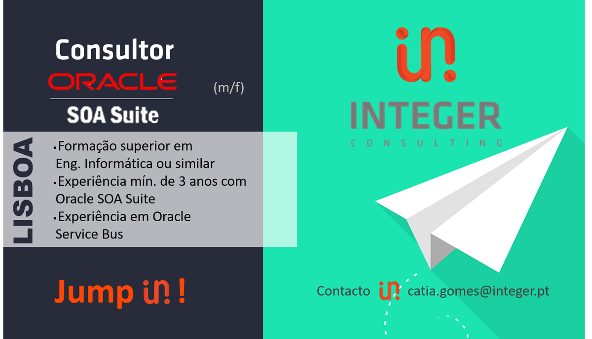 integer_consult's tweet photo. Hiring, Consultor Oracle SOA Suite, Lisboa, JUMP IN! catia.gomes@integer.pt #integerconsulting #ITjobs #recrutamento #developerjobs #Developer #Oracle #soasuite #oracleservicebus #Lisboa https://t.co/r6eDHIZTEa
