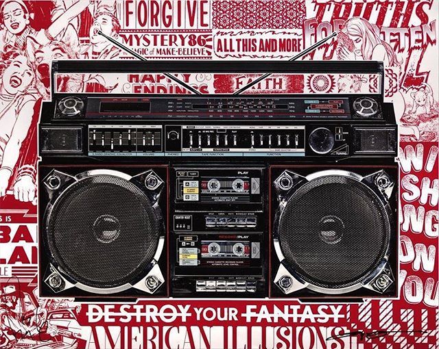 “Boombox Illusions” by <a href="/faileart/">Faile</a> and <a href="/lyleowerko/">LyleOwerko</a>. 5-color offset print signed by both artists, available at blacklinegallery.com ift.tt/2HF2HoG