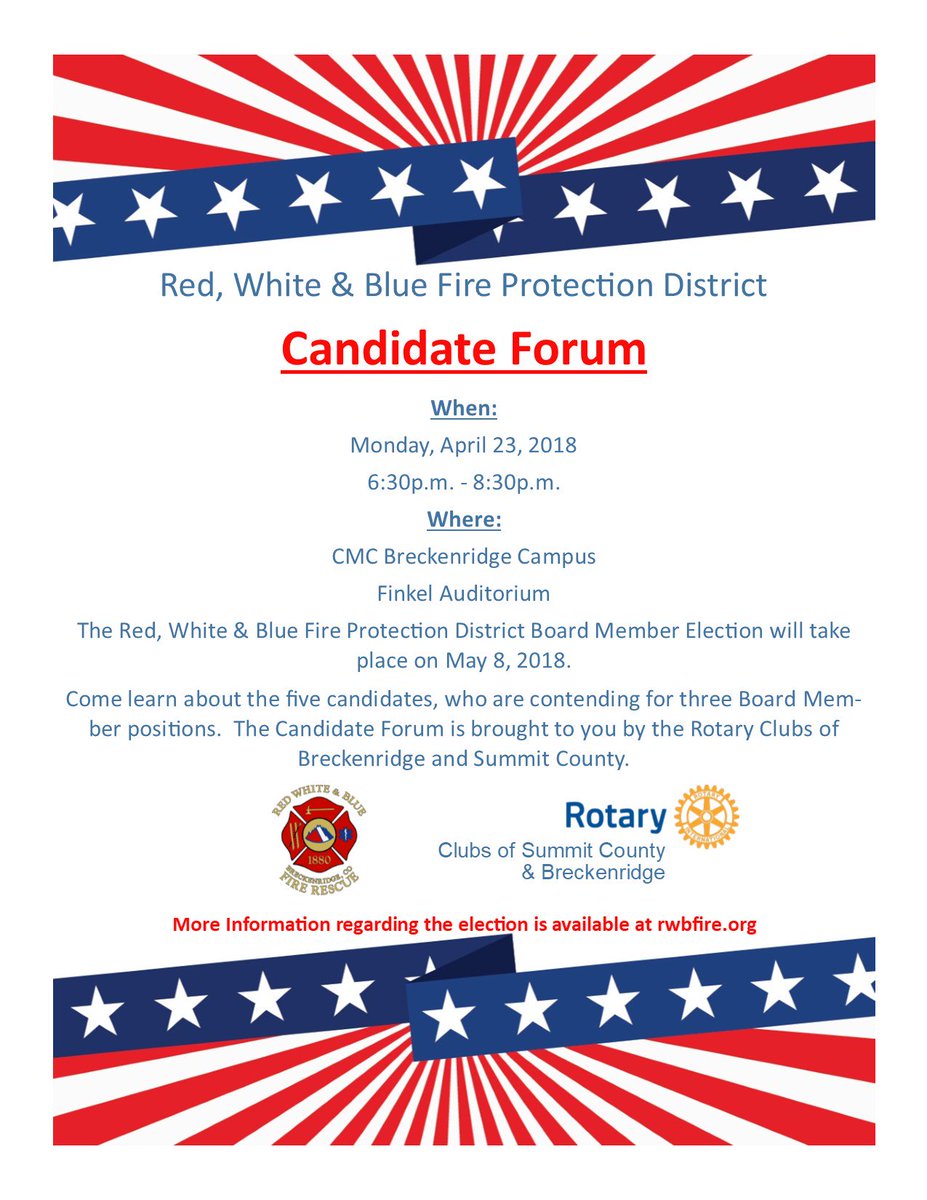 Join us on April 23 at Colorado Mountain College in Breckenridge for the Candidate Forum sponsored by the Rotary Club of Summit County and the Rotary Club of Breckenridge. This event is moderated by Jeffrey Bergeron beginning at 6:30 pm.