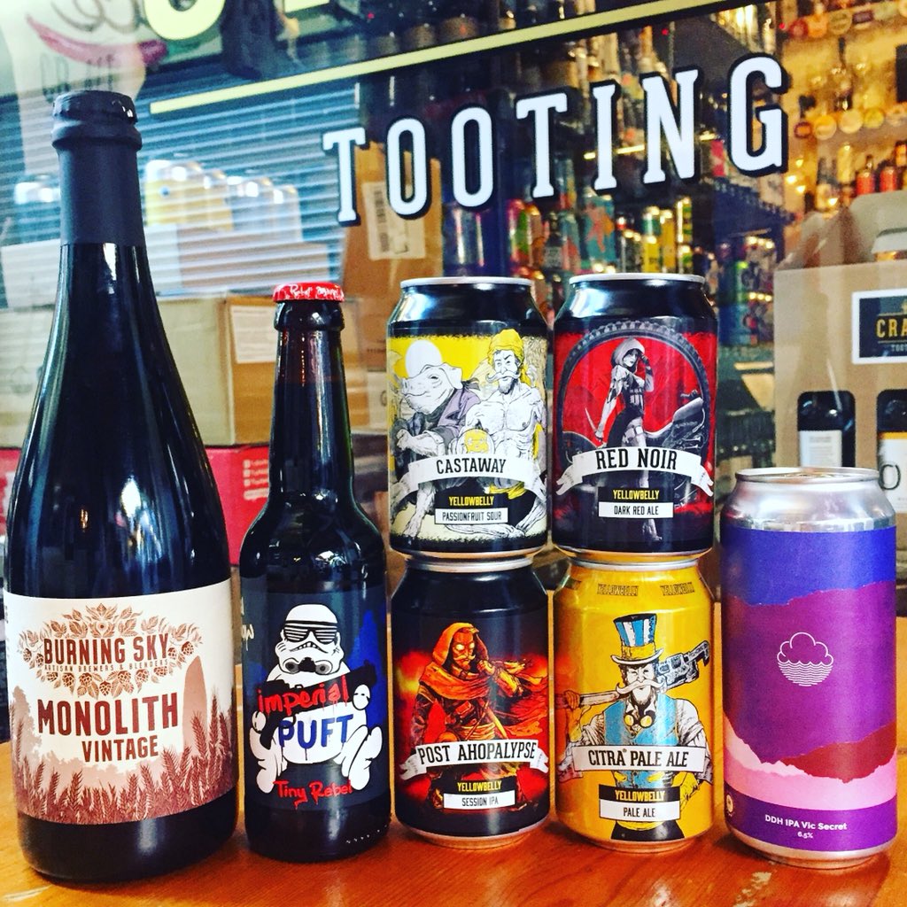 CraftTooting's tweet photo. It’s #FRIDAY and we have MORE NEW #BEER inc #BurningSky #Monlith Vintage Sour that’s been ageing on Oak for two years 👊PLUS IMPERIAL #StayPuft (friggen awesome) NEW to #Craft #Tooting @YellowBellyBeer (no not the drink) AND a NEW #Cloudwater DDH Vic Secret #IPA 🙃🍻 #Craftbeer https://t.co/zK8xKkCA7G
