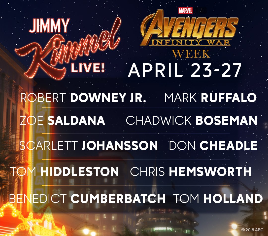 ABC_Publicity's tweet photo. New Release: @RobertDowneyJr, @TomHolland1996, @zoesaldana, @MarkRuffalo, #ScarlettJohansson, @twhiddleston, @chrishemsworth, @chadwickboseman, @DonCheadle, #BenedictCumberbatch and More on @JimmyKimmelLive, April 23 – 27 #ABCPublicity #Kimmel https://t.co/B3NYiKJufB https://t.co/gIM9ykPKpv