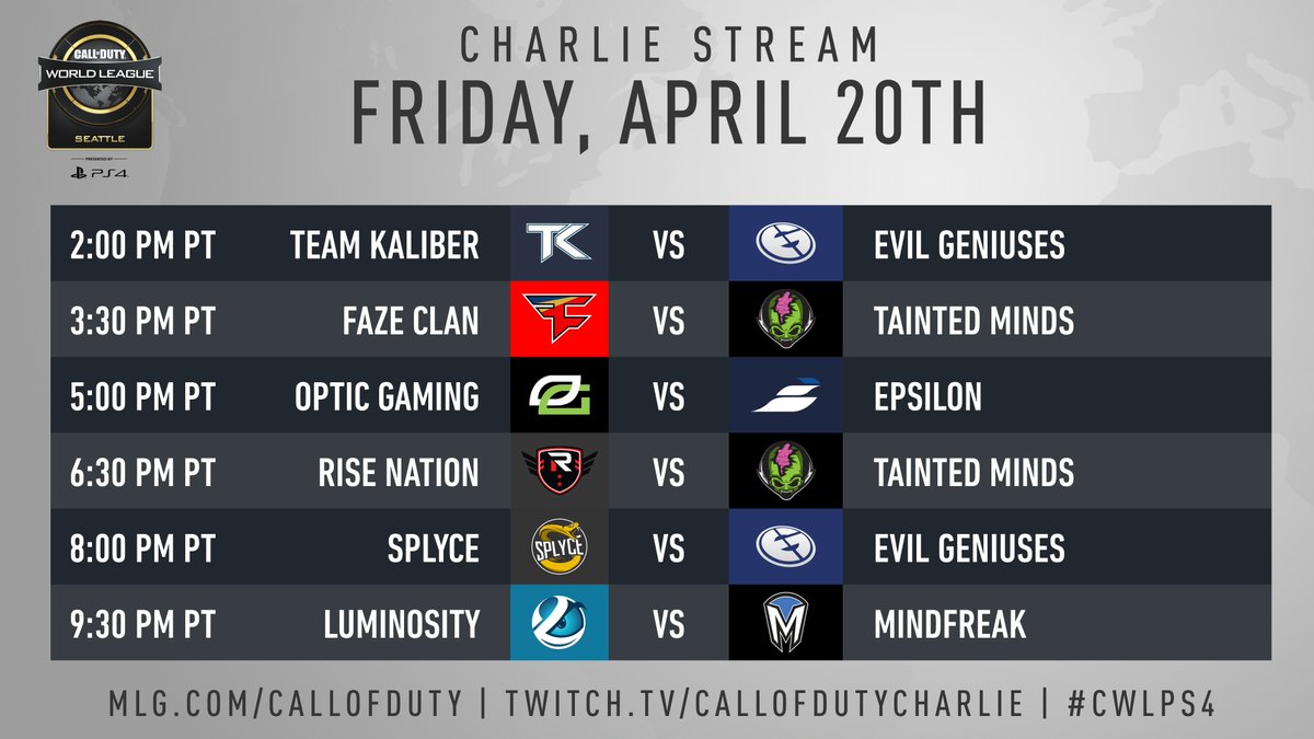 CODLeague's tweet photo. #CWLPS4 Seattle begins today! Check out the Friday match schedules. https://t.co/NKHQSgV6Gh

Stream start times:
12:45pm PT
3:45pm ET
8:45pm BST
5:45am AEST https://t.co/iCNJzJnH3W