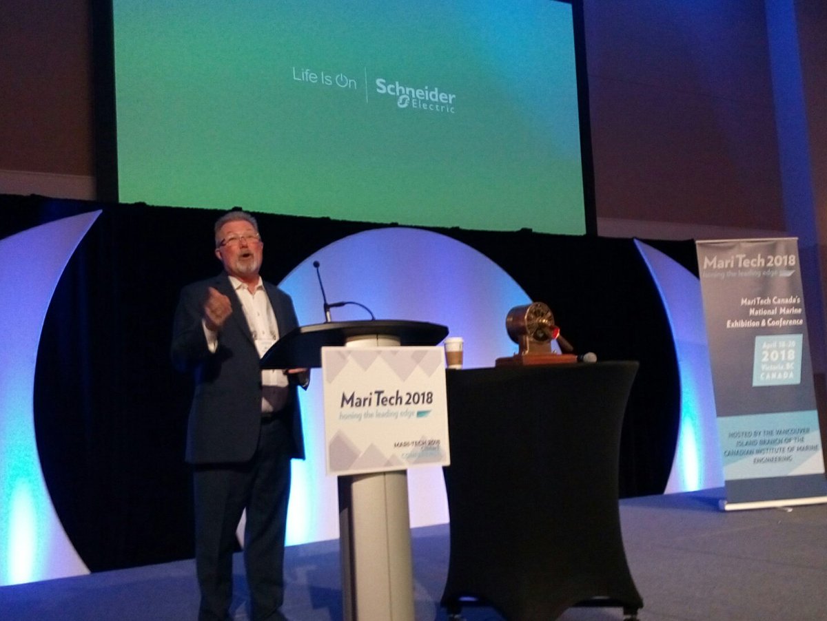 MT18_Victoria's tweet photo. Bill Jackson from @SchneiderElec now giving a presentation on the future of predictive maintenance, with software components of it, made right here in #Victoria and featured at #MariTech2018 https://t.co/SXfFxF2k3F